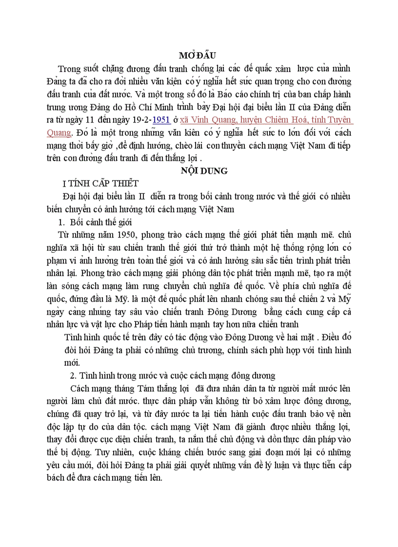 Bài HK đường lối Giới thiệu báo cáo chính trị do Hồ Chí Minh trình bày tại đại hội II của Đảng