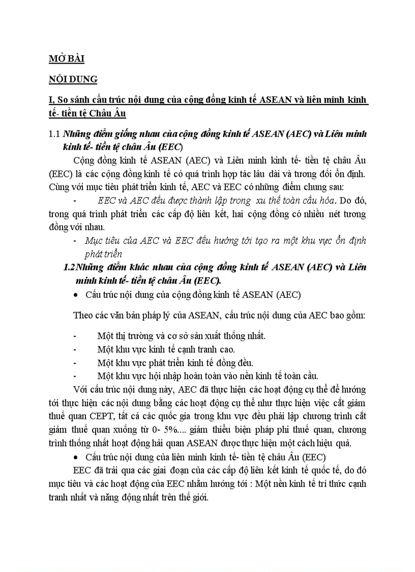 So sánh mô hình liên kết kinh tế giữa cộng đồng kinh tế ASEAN và liên minh kinh tế tiền tệ châu Âu triển vọng của AEC vào năm 2015