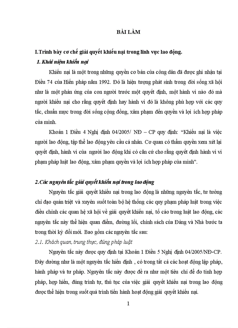 Bài tập học kỳ lao động Trình bày cơ chế giải quyết khiếu nại trong lĩnh vực lao động