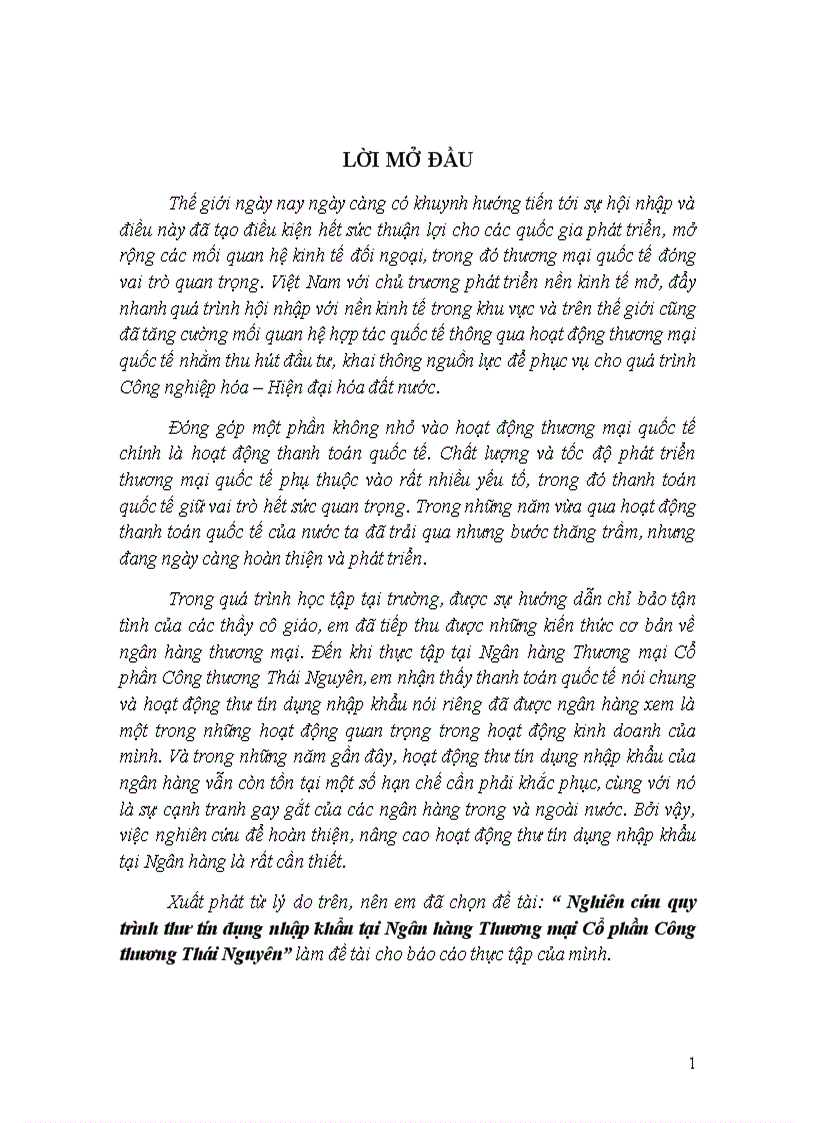Nghiên cứu quy trình thư tín dụng nhập khẩu tại Ngân hàng Thương mại Cổ phần Công thương Thái Nguyên