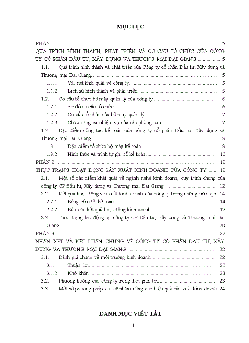Thực trạng hoạt động sản xuất kinh doanh của công ty Cổ phần Đầu tư Xây dựng và Thương mại Đại Giang