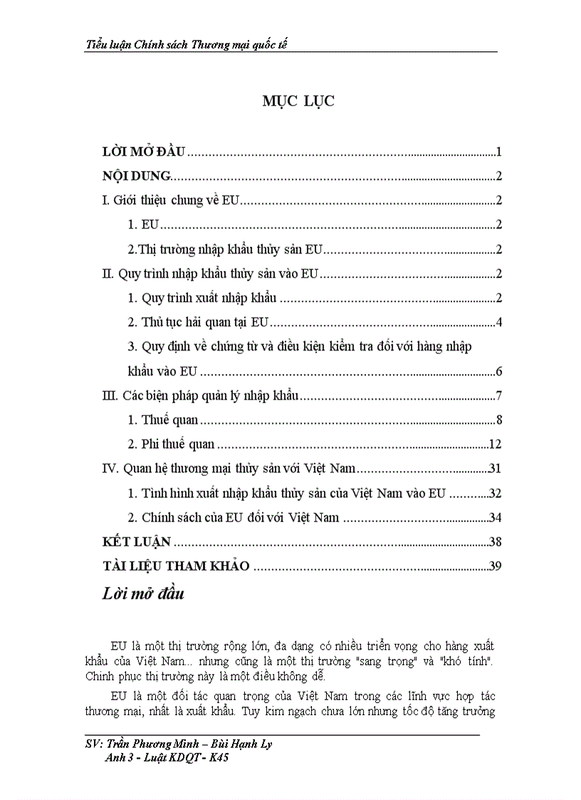 Tiểu luận Chính sách Thương mại quốc tế xuất nhập khẩu thủy sản của Việt Nam vào EU