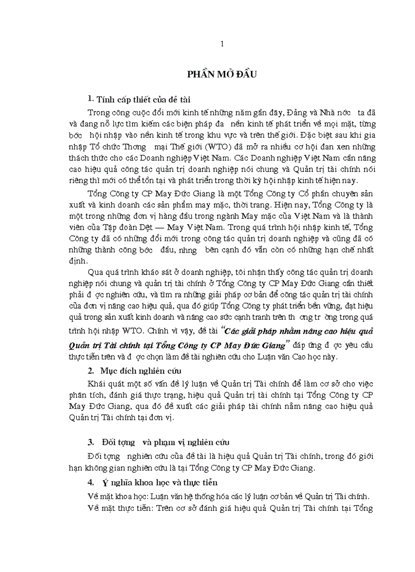 Các giải pháp nhằm nâng cao hiệu quả Quản trị Tài chính tại Tổng Công ty CP May Đức Giang