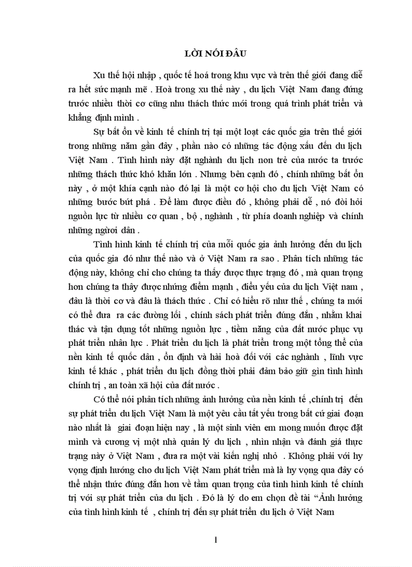 Ảnh hưởng của tình hình kinh tế chính trị đến sự phát triển du lịch ở Việt Nam