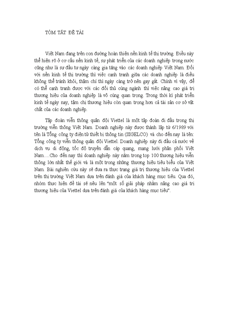 Một số giải pháp nhằm nâng cao giá trị thương hiệu của Viettel dựa trên đánh giá của khách hàng mục tiêu