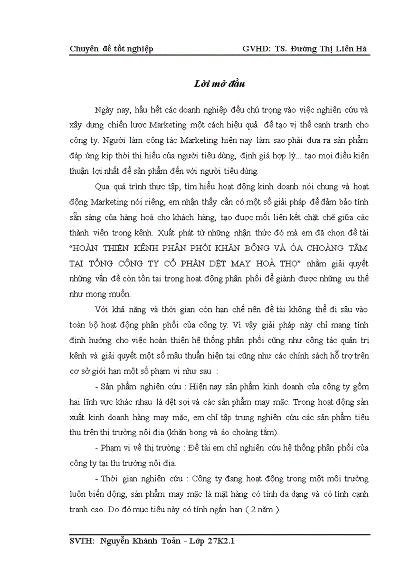 Hoàn thiện kênh phân phối khăn bông và aó choàng tắm tại tổng công ty cổ phần dệt may hoà thọ
