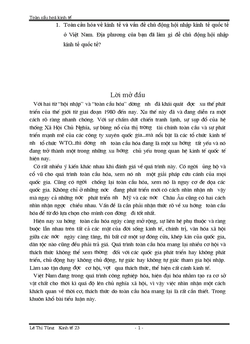 Toàn cầu hóa về kinh tế và vấn đề chủ động hội nhập kinh tế quốc tế ở Việt Nam