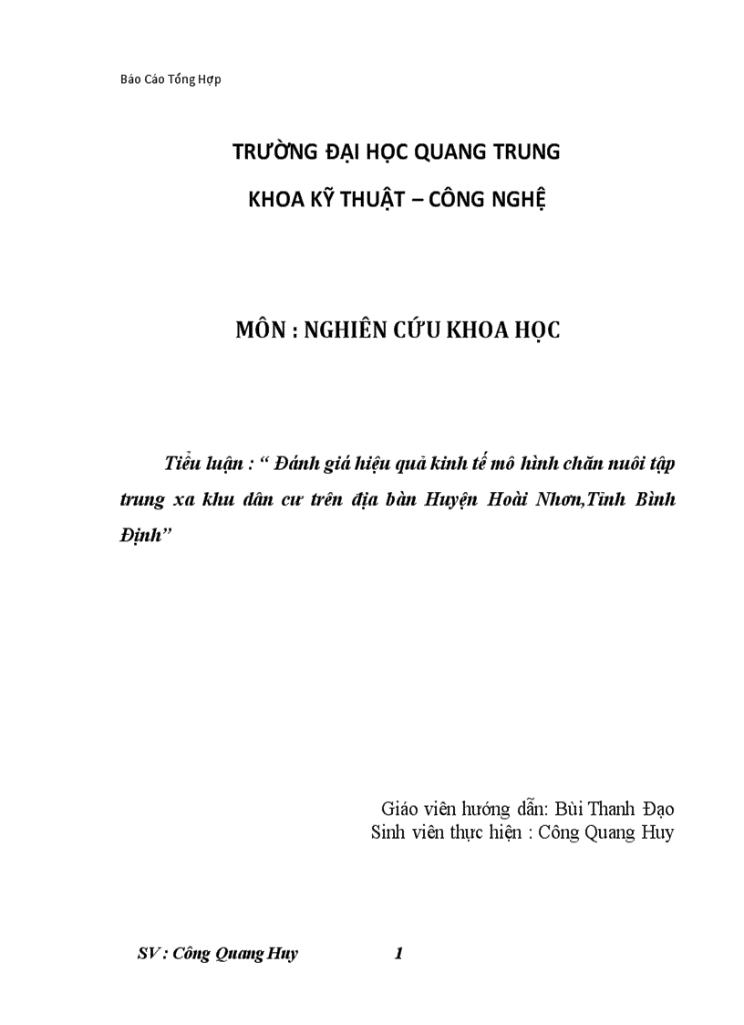 Đánh giá hiệu quả kinh tế mô hình chăn nuôi tập trung xa khu dân cư trên địa bàn Huyện Hoài Nhơn Tỉnh Bình Định