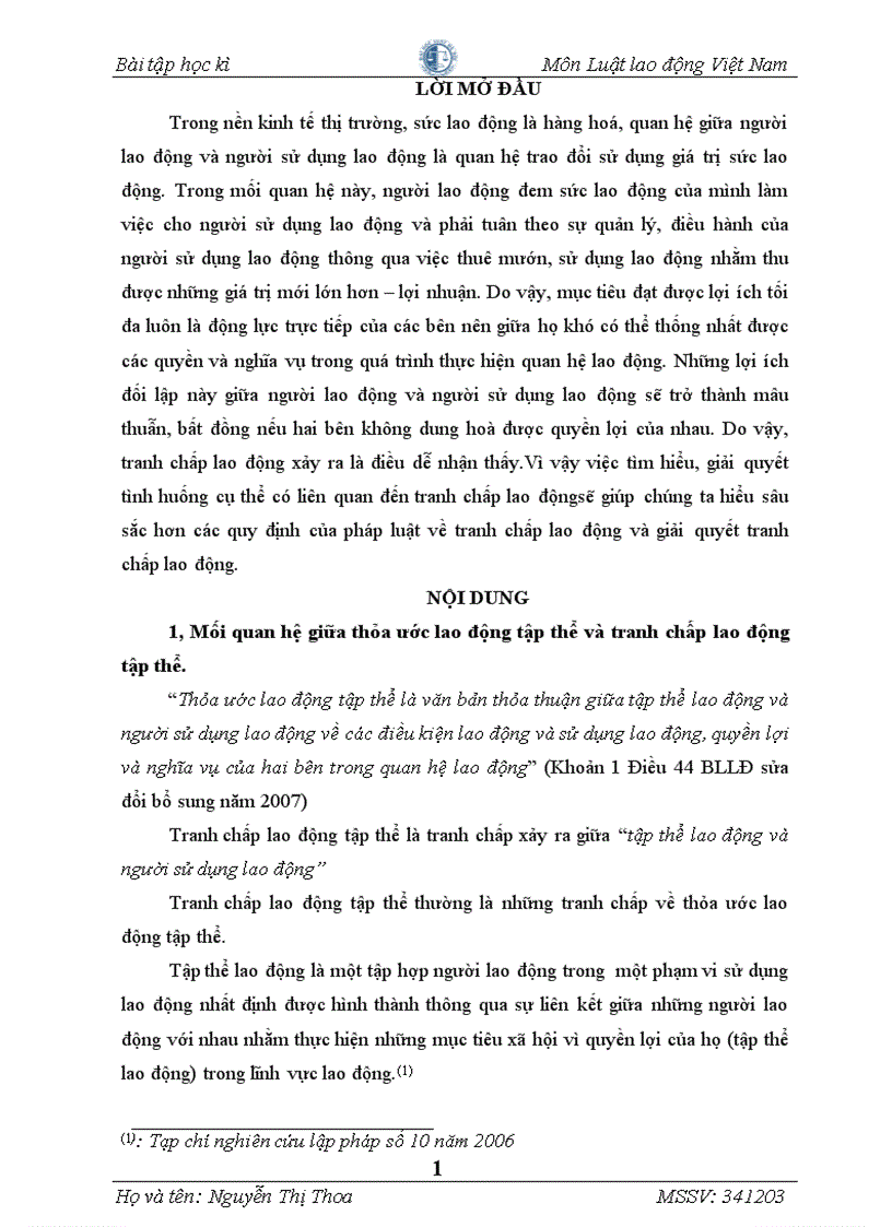 Học kì lao động 9 điểm Nêu mối quan hệ giữa thỏa ước lao động tập thể và tranh chấp lao động tập thể