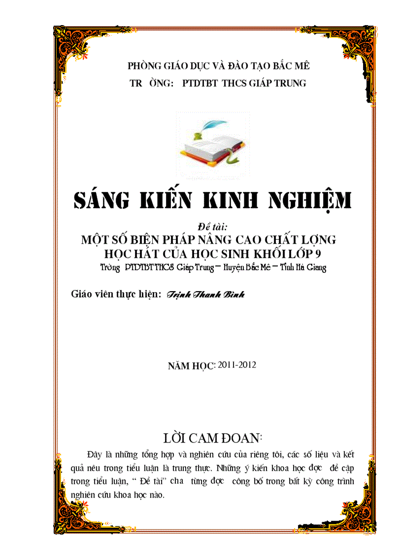 Một số biện pháp nâng cao chất lượng học hát của học sinh khối lớp 9