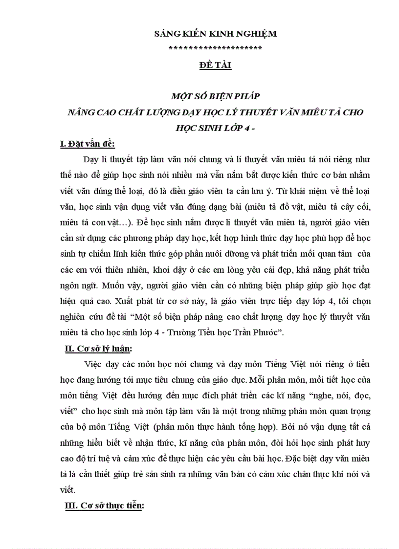 Một số biện pháp nâng cao chất lượng dạy học lý thuyết văn miêu tả cho học sinh lớp 4