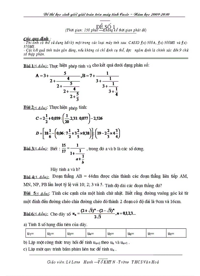 Đề thi Casio lớp 8 9 bậc THCS