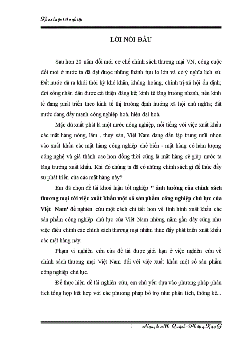 Ảnh hưởng của chính sách thương mại tới việc xuất khẩu một số sản phẩm công nghiệp chủ lực của Việt Nam