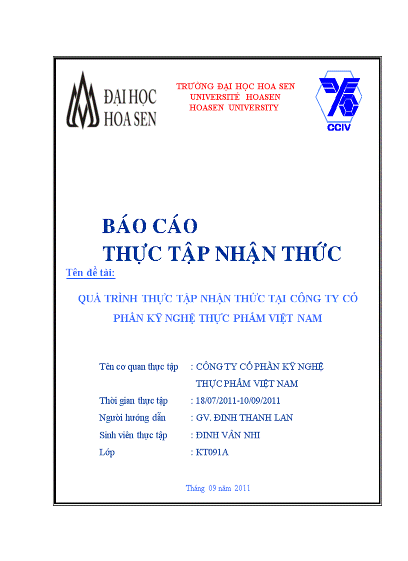 Quá trình thực tập nhận thức tại công ty cổ phần kỹ nghệ thực phẩm việt nam