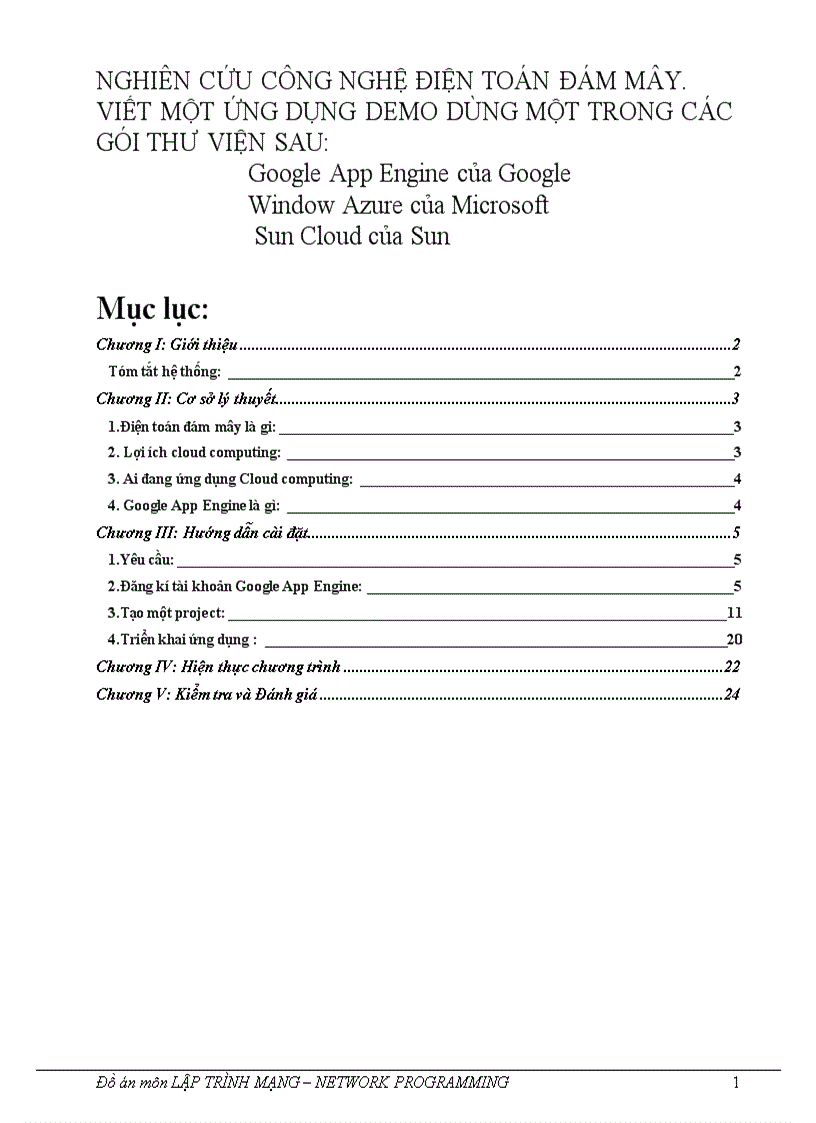Nghiên cứu công nghệ điện toán đám mây để viết một số chương trình Google App Engine của Google Window Azure của Microsoft Sun Cloud của Sun