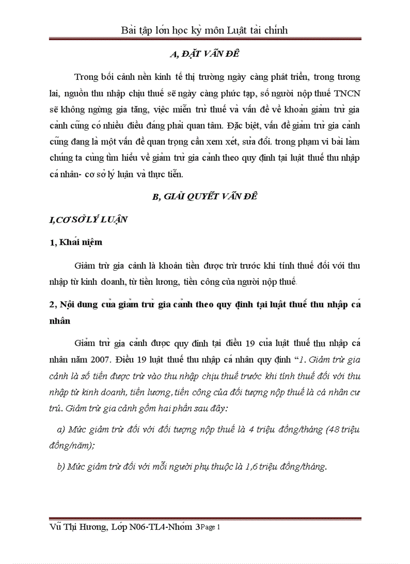 Bài tập lớn học kỳ môn Luật tài chính giảm trừ gia cảnh trong luật thuế thu nhập cá nhân
