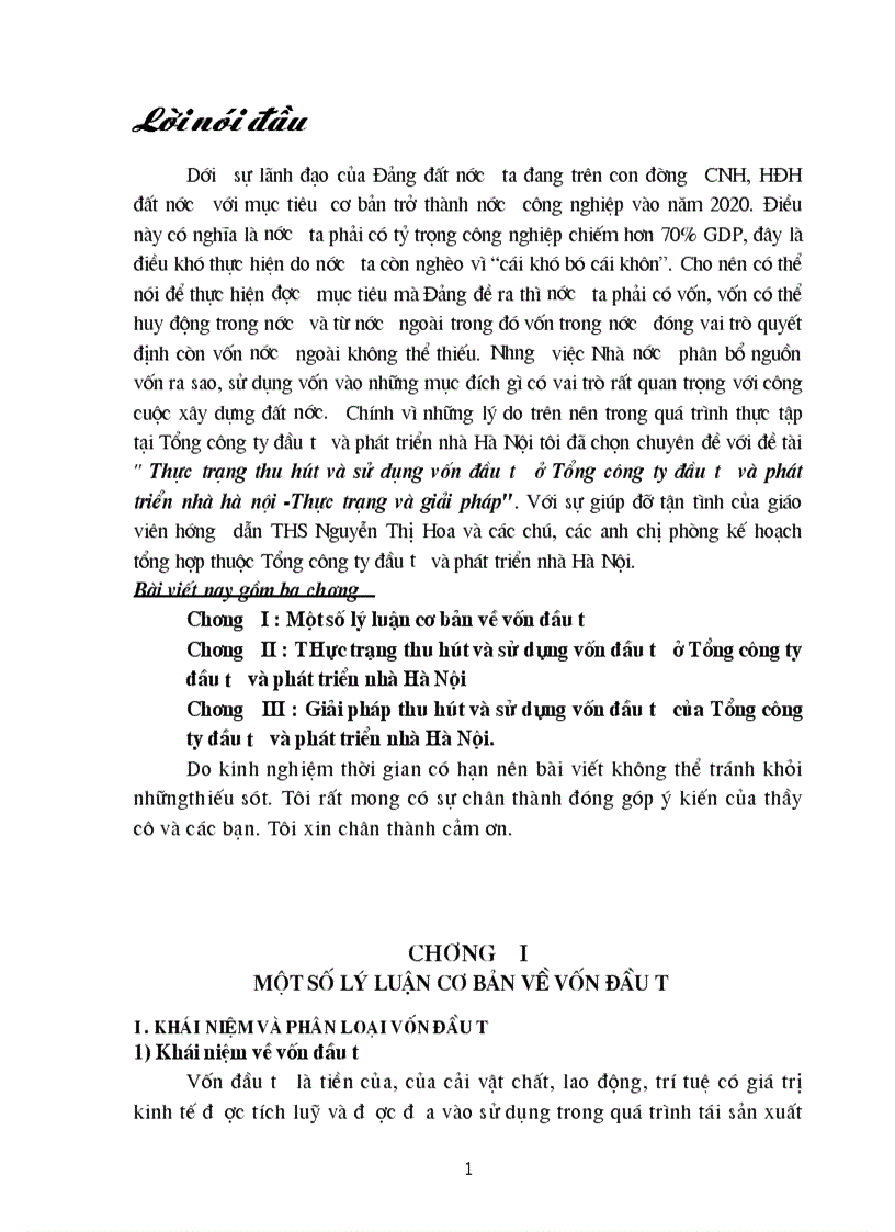 Thực trạng thu hút và sử dụng vốn đầu tư ở Tổng công ty đầu tư và phát triển nhà hà nội Thực trạng và giải pháp