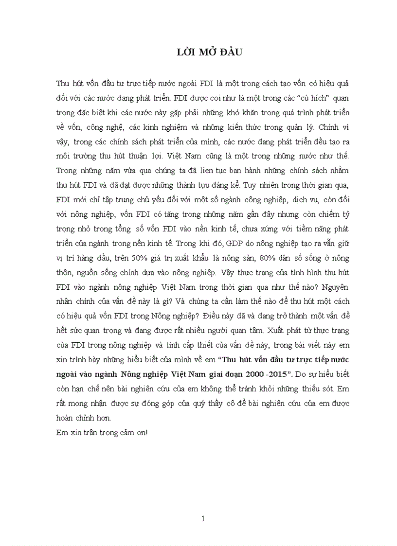 Thu hút vốn đầu tư trực tiếp nước ngoài vào ngành Nông nghiệp Việt Nam giai đoạn 2000 2015