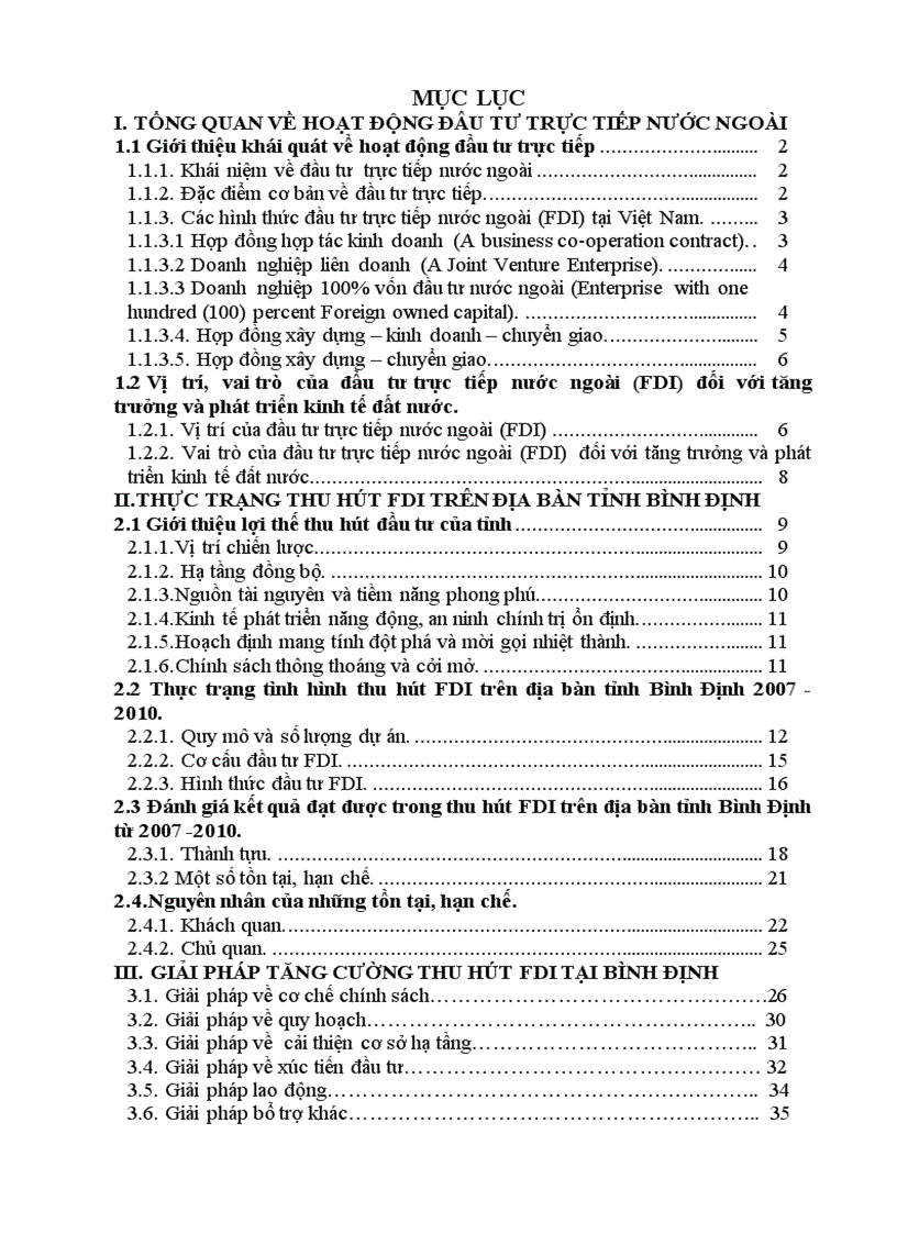 Thực trạng và giải pháp thu hút vốn đầu tư trực tiếp nước ngoài FDI trên địa bàn tỉnh Bình Định giai đoạn từ 2007 2010