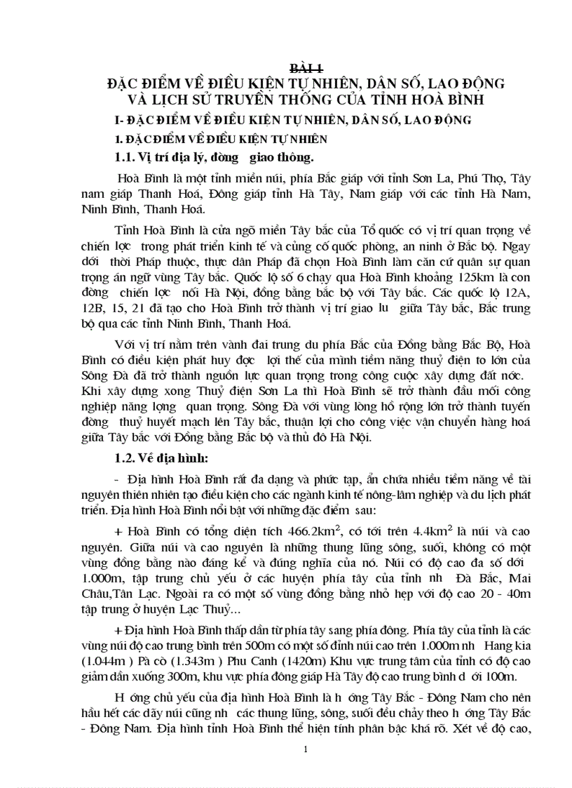 Đặc điểm về điều kiện tự nhiên dân số lao động và lịch sử truyền thống của tỉnh Hoà Bình