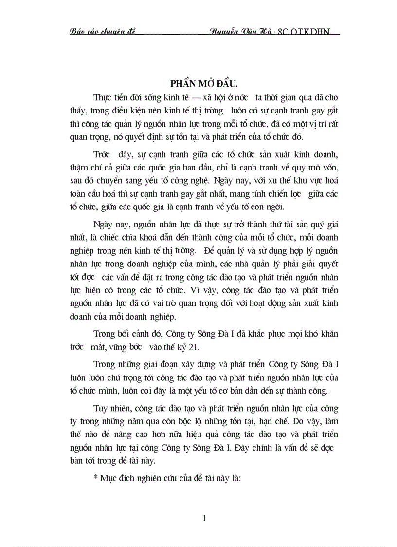 Tình hình công tác đào tạo phát triển nguồn nhân lực ở công ty Sông Đà I