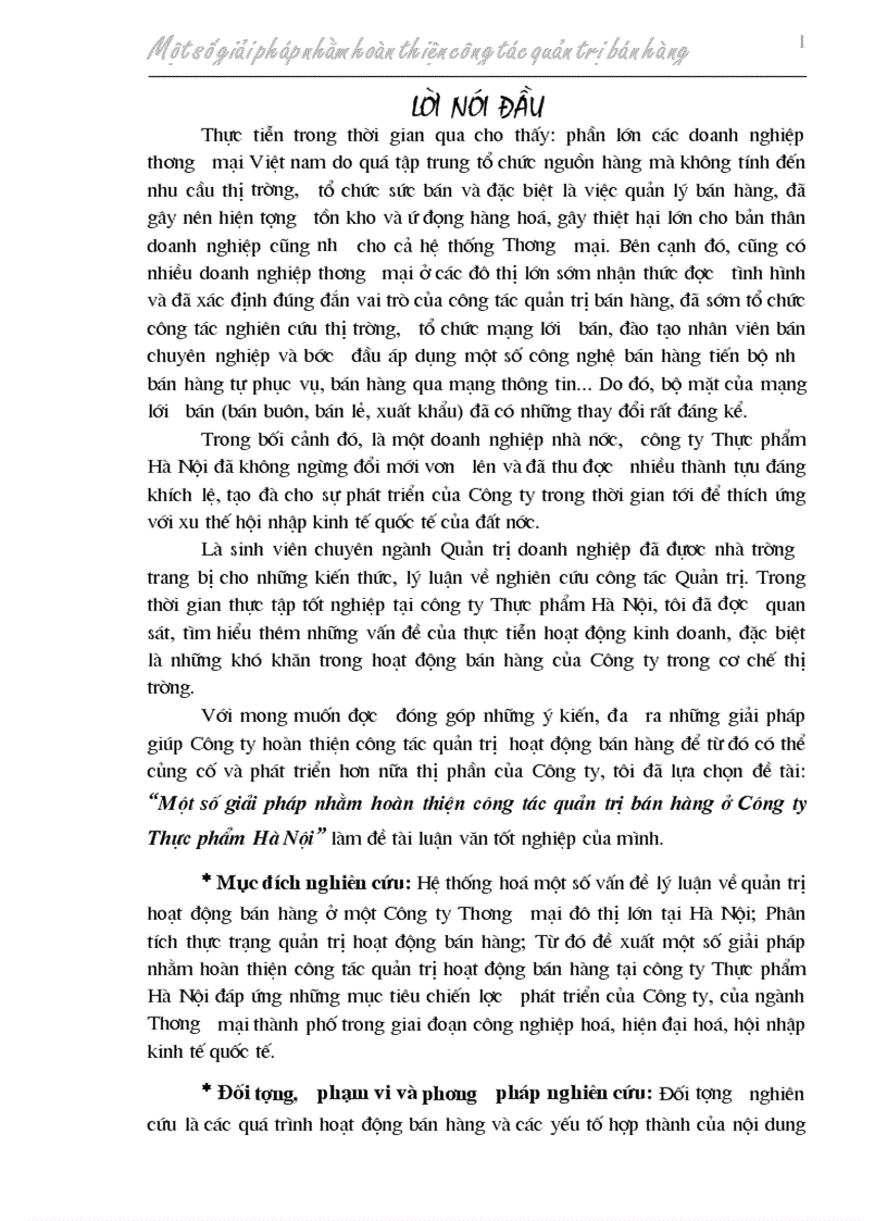 Một số giải pháp nhằm hoàn thiện công tác quản trị bán hàng ở Công ty Thực phẩm Hà Nội
