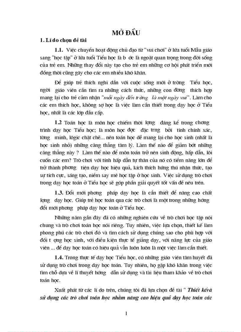 Thiết kếvà sử dụng các trò chơi toán học nhằm nâng cao hiệu quả dạy học toán các lớp đầu cấp Tiểu học