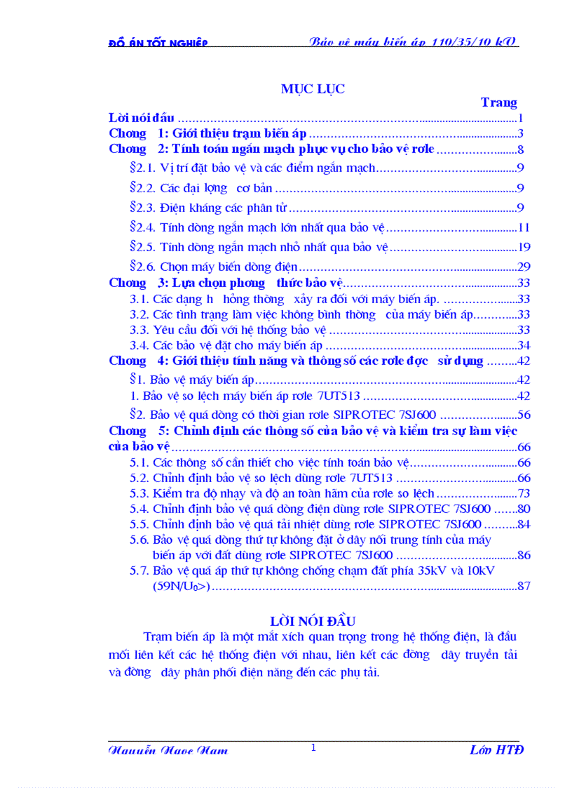 Thiết kế hệ thống Rơ le bảo vệ cho máy biến áp 110kV