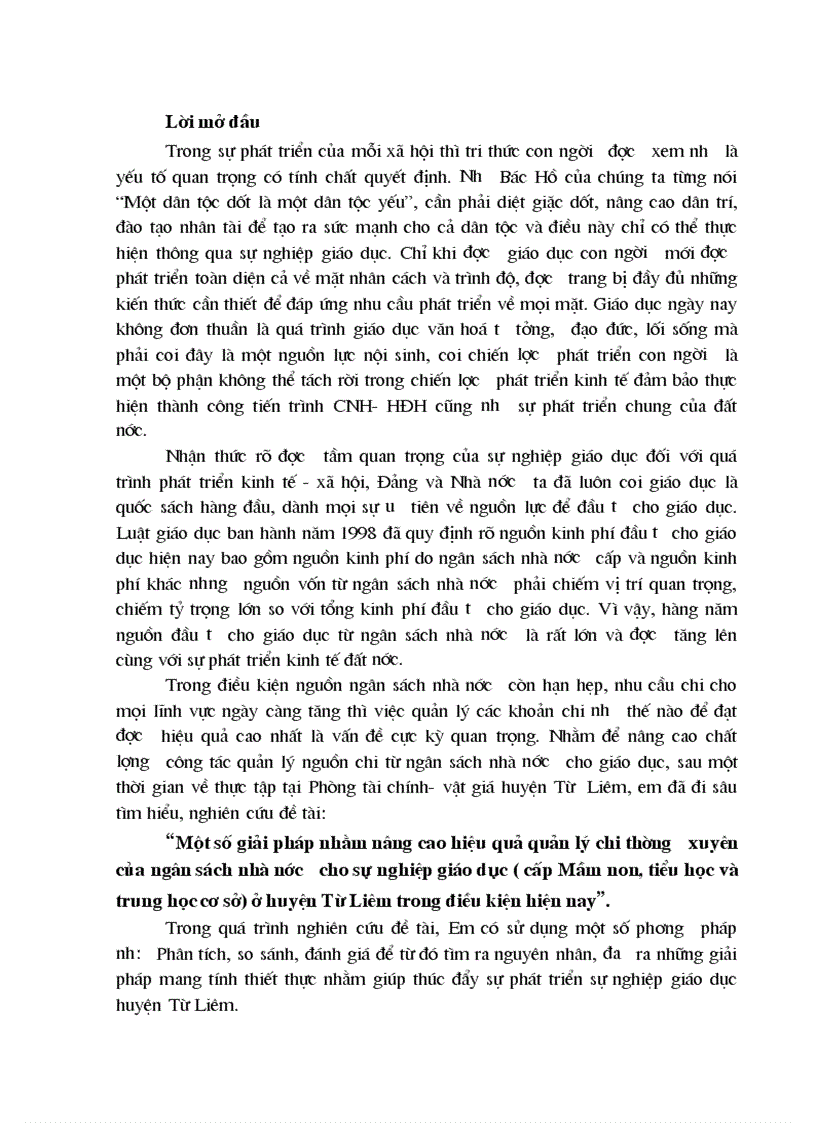 Một số giải pháp nhằm nâng cao hiệu quả quản lý chi thường xuyên của ngân sách nhà nước cho sự nghiệp giáo dục cấp Mầm non tiểu học và trung học cơ sở ở huyện Từ Liêm trong điều kiện hiện nay 1