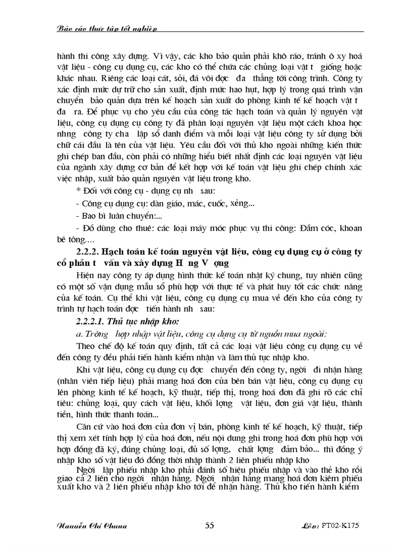 Hạch toán kế toán nguyên vật liệu công cụ dụng cụ ở công ty cổ phần tư vấn và xây dựng Hưng Vượng