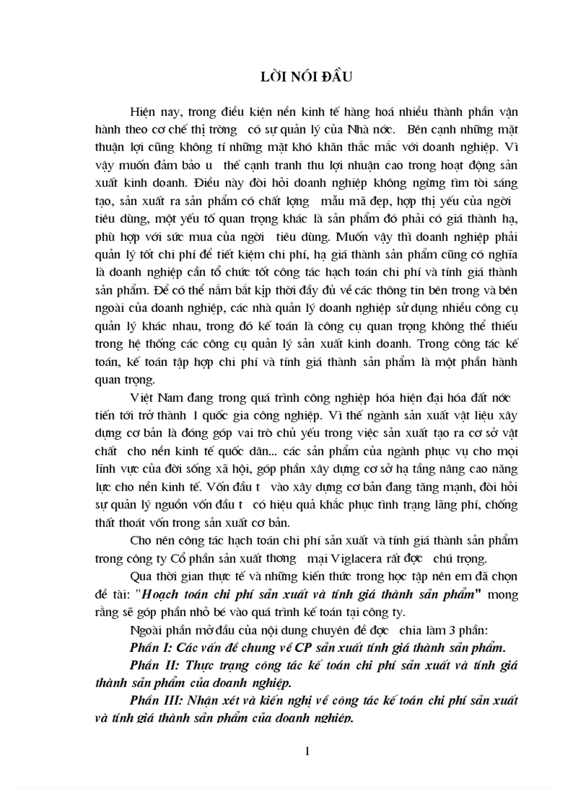 Hoạch toán chi phí sản xuất và tính giá thành sản phẩm tại công ty Cổ phần sản xuất thương mại Viglacera 1
