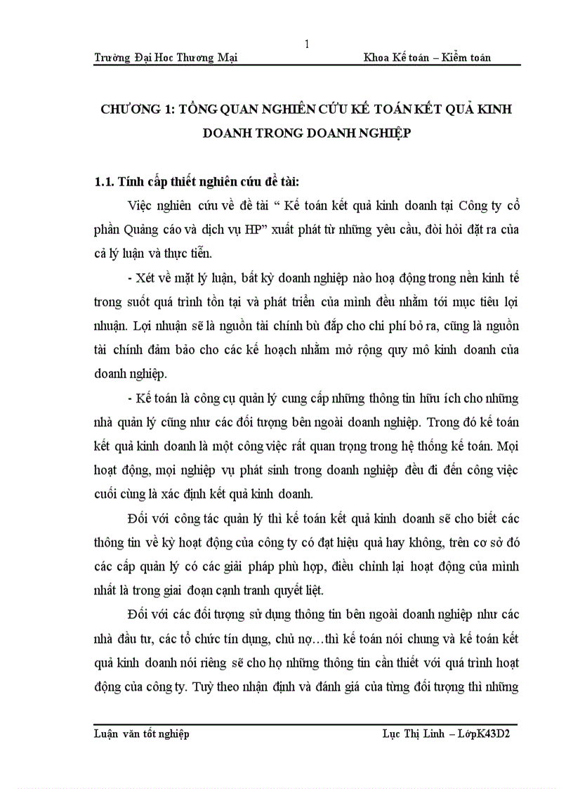 Kế toán kết quả kinh doanh tại Công ty cổ phần Quảng cáo và dịch vụ HP 1