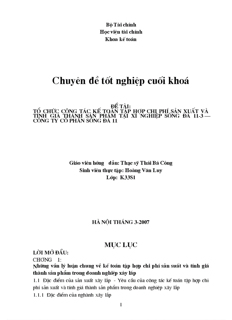 Tổ chức công tác kế toán tập hợp chi phí sản xuất và tính giá thành sản phẩm tại xí nghiệp sông đà 11 3 công ty cổ phần sông đà 1