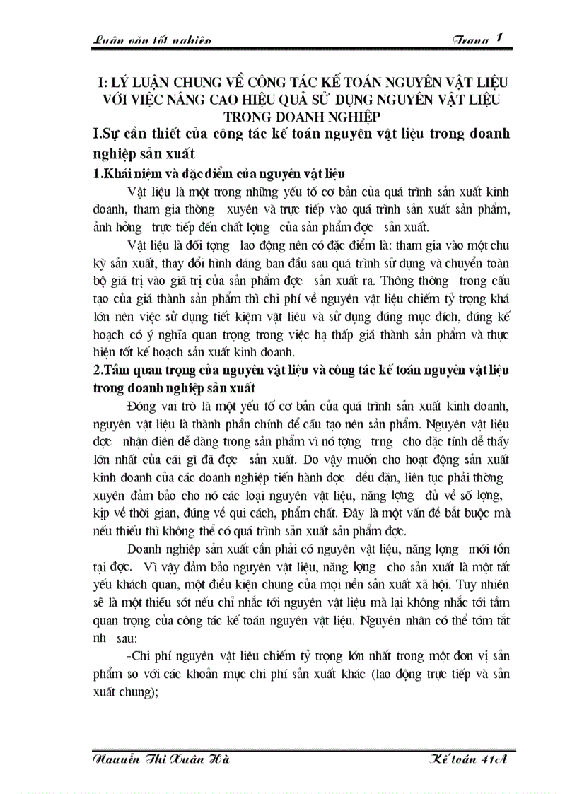 Công tác kế toán nguyên vật liệu với việc nâng cao hiệu quả sử dụng nguyên vật liệu trong doanh nghiệp