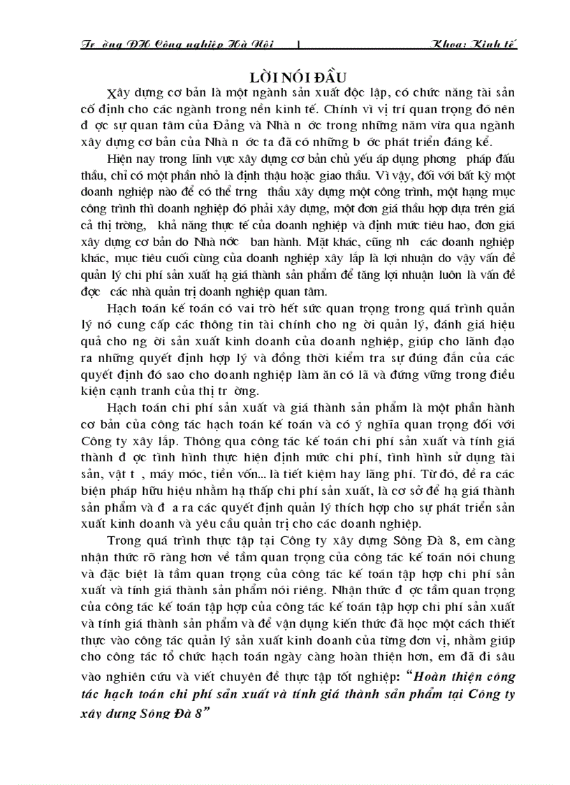 Hoàn thiện công tác hạch toán chi phí sản xuất và tính giá thành sản phẩm tại Công ty xây dựng Sông Đà 8 1