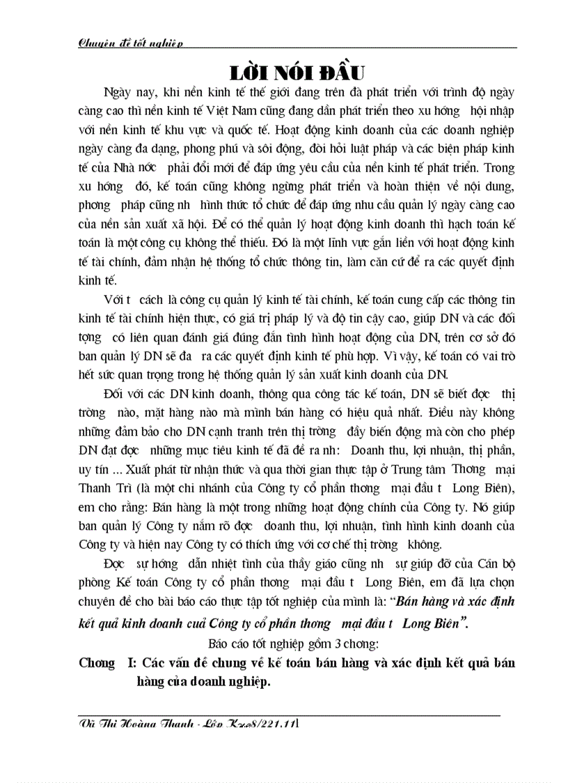 Kế toán Bán hàng và xác định kết quả kinh doanh cuả Công ty cổ phần thương mại đầu tư Long Biên