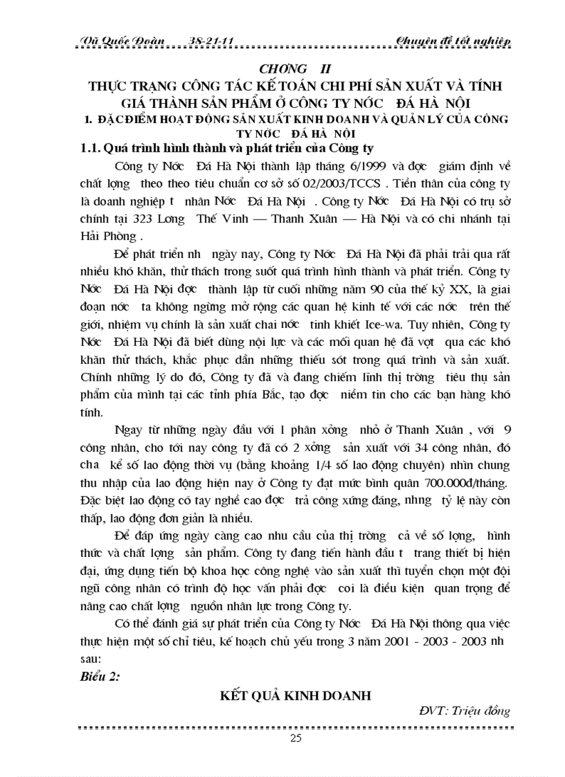 Thực trạng công tác kế toán chi phí sản xuất và tính giá thành sản phẩm ở công ty Nước Đá Hà Nội
