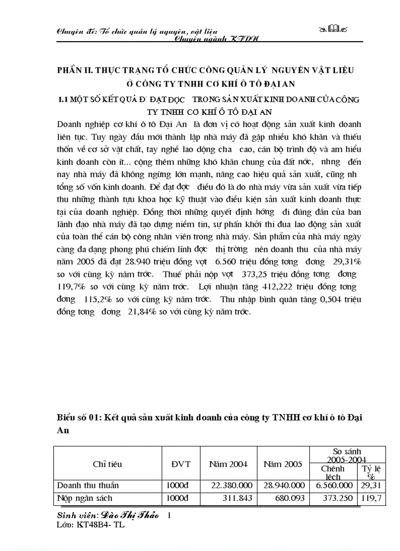 Thực trạng tổ chức công quản lý nguyên vật liệu ở công ty TNHH cơ khí ô tô Đại An