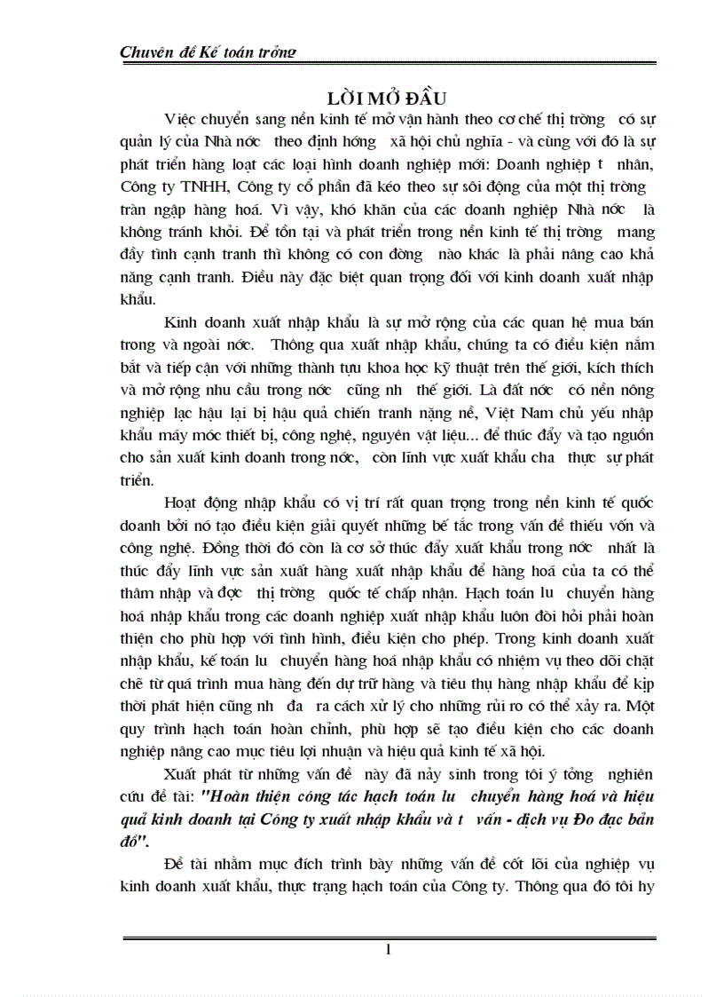 Hoàn thiện công tác hạch toán lưu chuyển hàng hoá và hiệu quả kinh doanh tại Công ty xuất nhập khẩu và tư vấn dịch vụ Đo đạc bản đồ 1