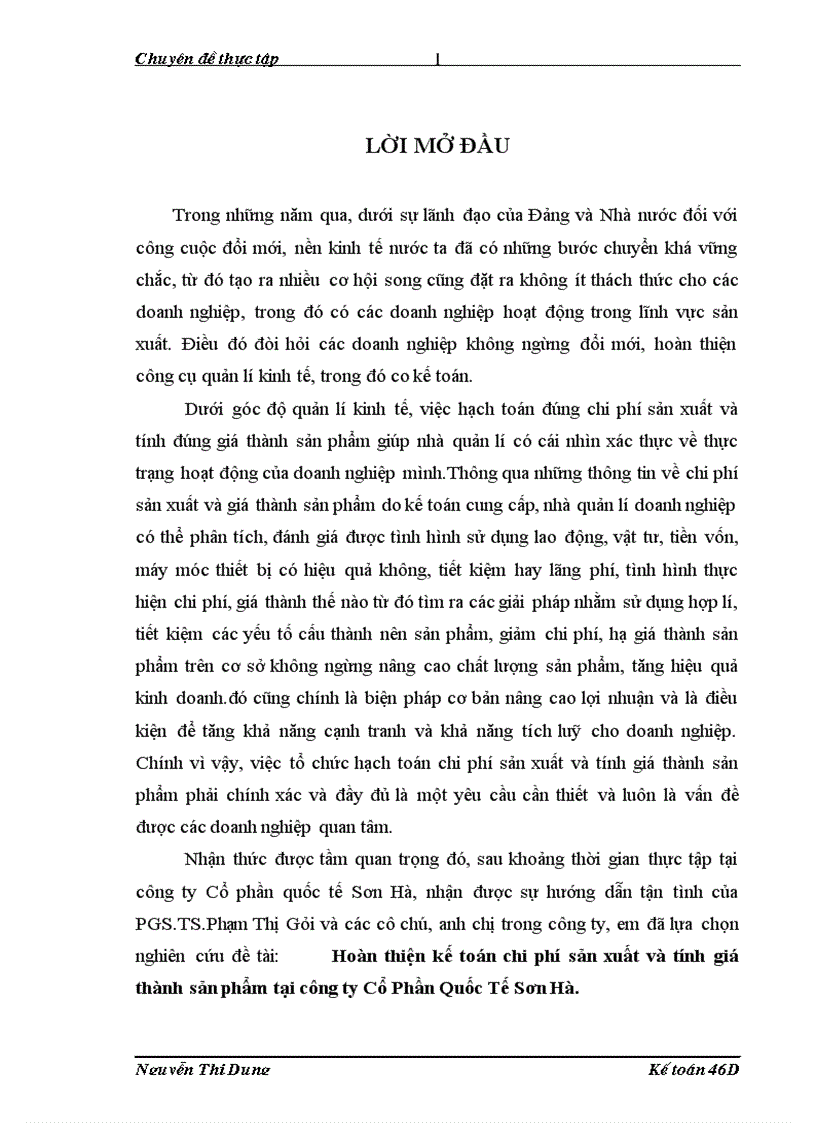 Hoàn thiện kế toán chi phí sản xuất và tính giá thành sản phẩm tại công ty Cổ Phần Quốc Tế Sơn Hà 1