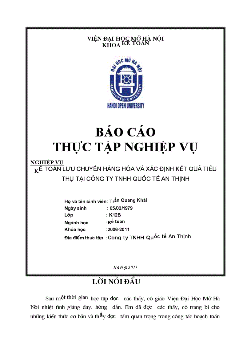 Kế toán lưu chuyển hàng hóa và xác định kết quả tiêu thụ tại Công ty TNHH Quốc tế An Thịnh 1