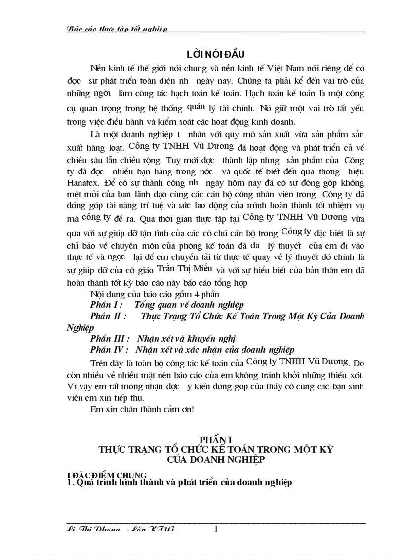Báo cáo thực tập tổng hợp Thực Trạng Tổ Chức Kế Toán Trong Một Kỳ Của DoanhNghiệp