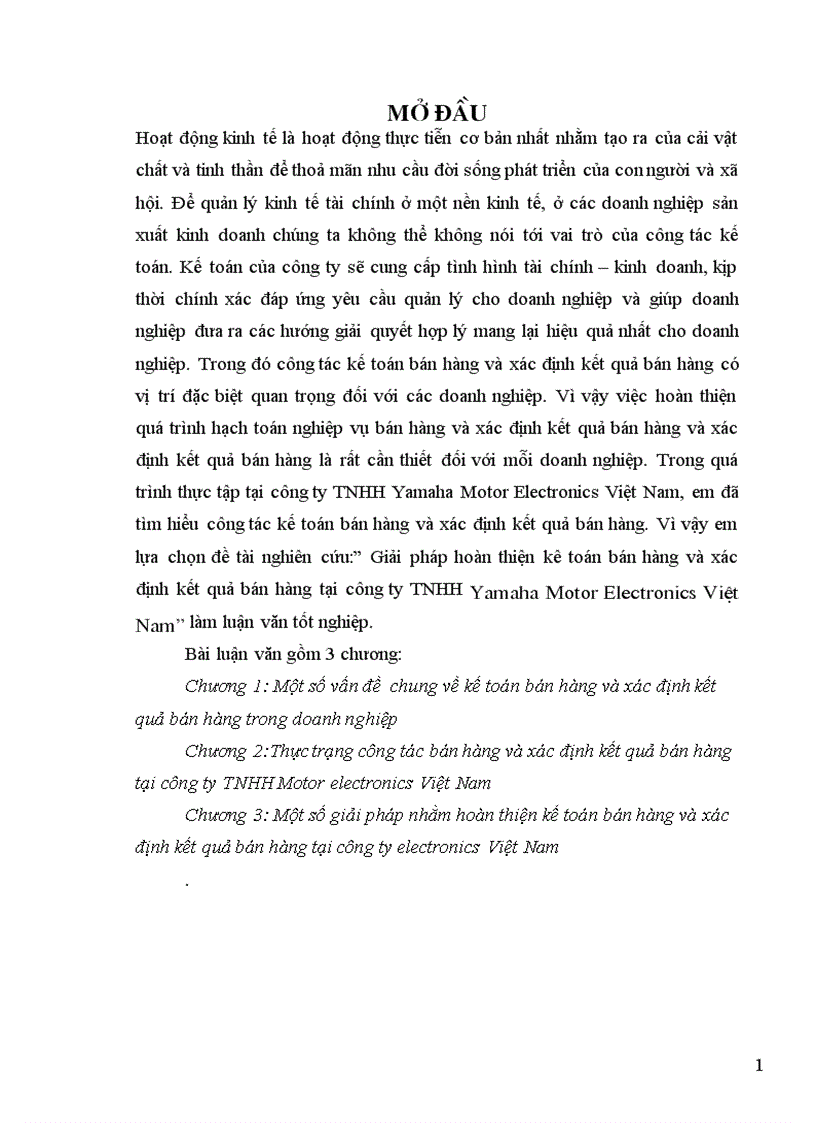 Giải pháp hoàn thiện kế toán bán hàng và xác định kết quả bán hàng tại công ty TNHH Yamaha Motor Electronics Việt Nam