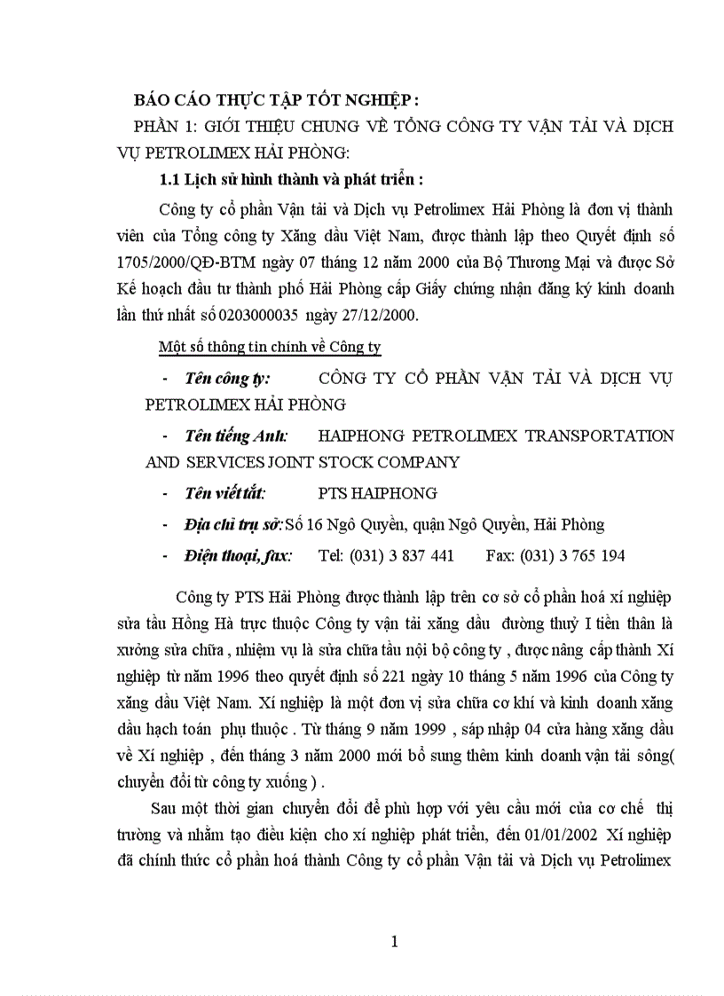 Báo cáo thực tập tại tổng công ty vận tải và dịch vụ PETROLIMEX Hải PHòng