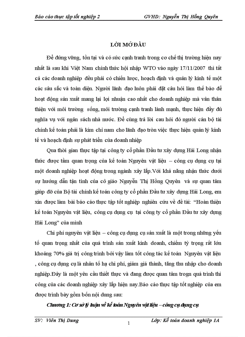 Hoàn thiện kế toán Nguyên vật liệu công cụ dụng cụ tại công ty cổ phần Đầu tư xây dựng Hải Long 1