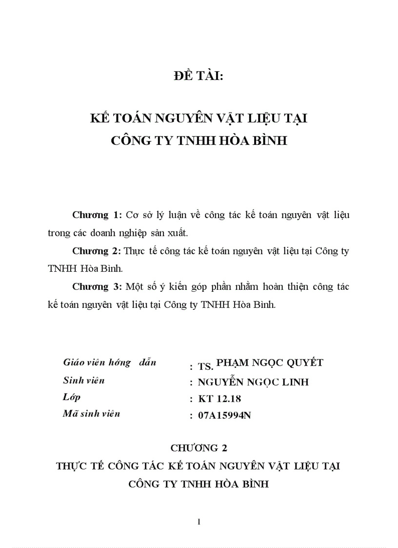 Kế toán nguyên vật liệu tại công ty tnhh hòa bình