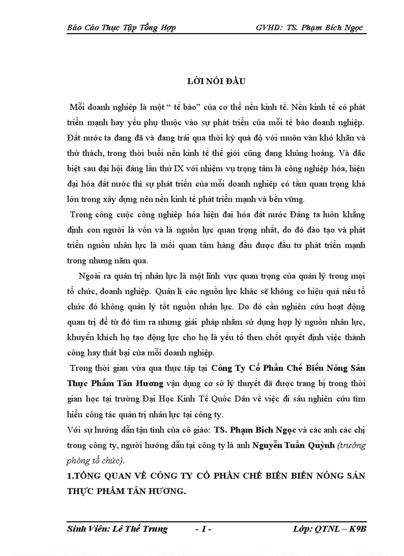 Báo cáo thực tập tổng hợp Công Ty Cổ Phần Chế Biến Nông Sản Thực Phẩm Tân Hương
