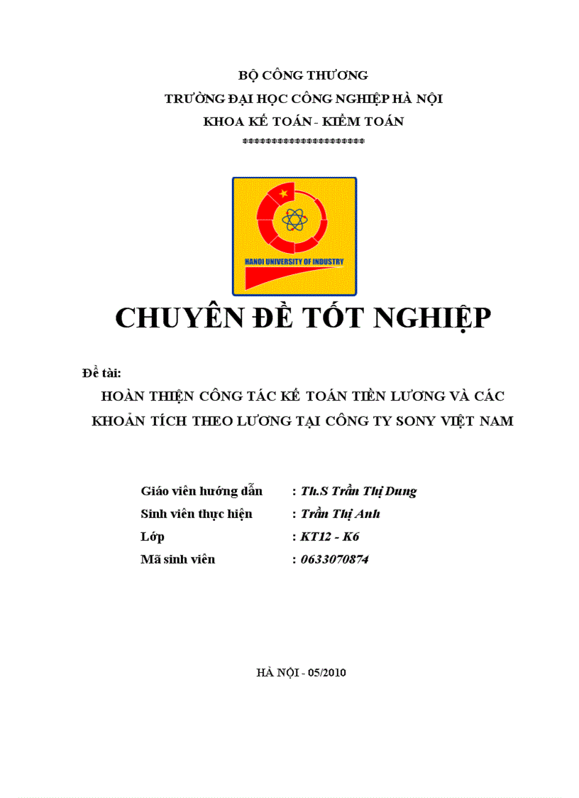 Hoàn thiện công tác kế toán tiền lương và các khoản tích theo lương tại công ty sony việt nam 1