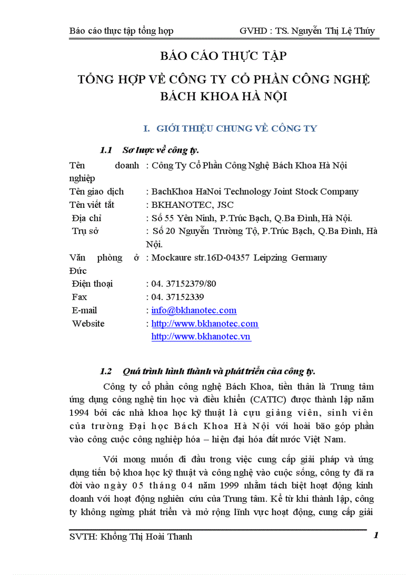 Báo cáo thực tập tổng hợp về Công Ty Cổ Phần Công Nghệ Bách Khoa Hà Nội