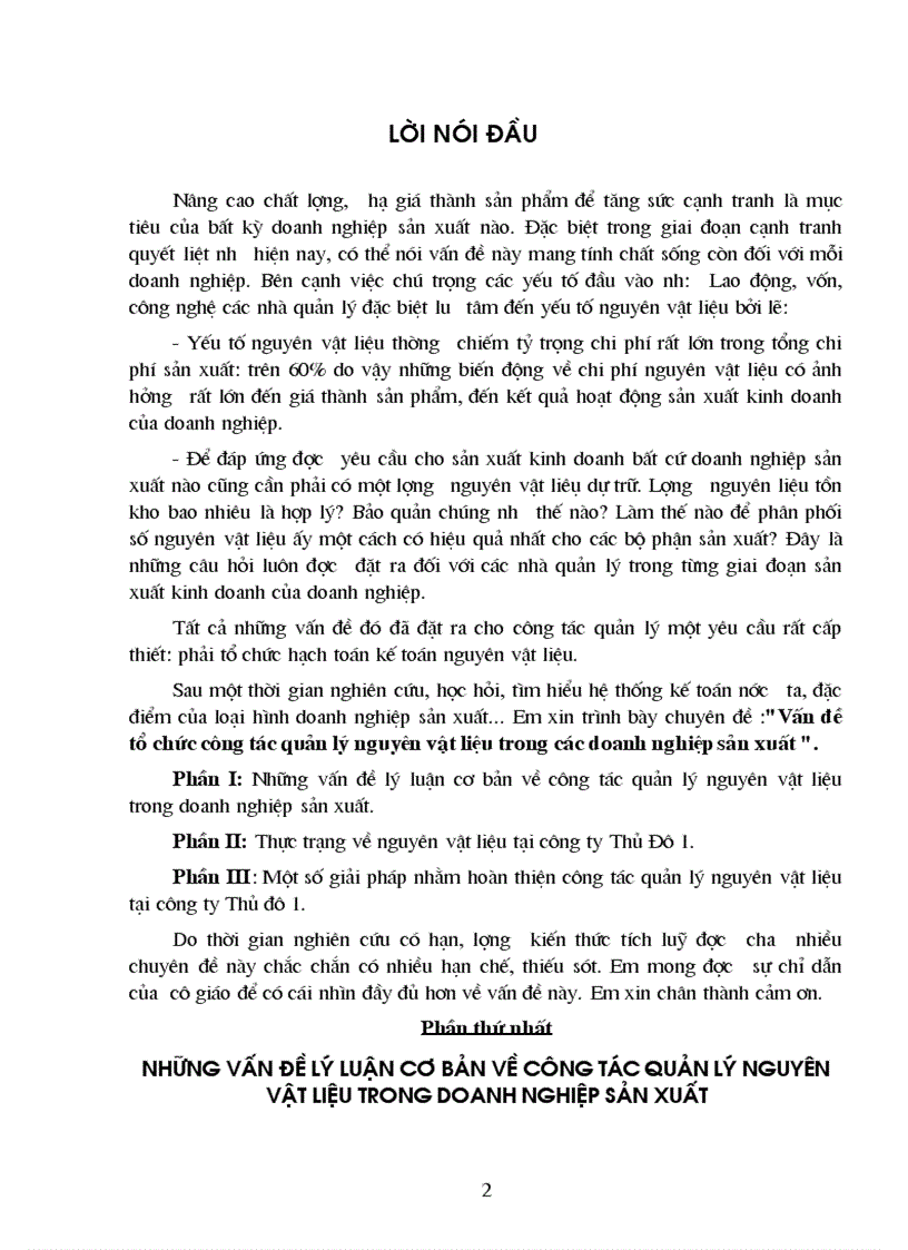 Một số giải pháp nhằm hoàn thiện công tác quản lý nguyên vật liệu tại công ty Thủ đô